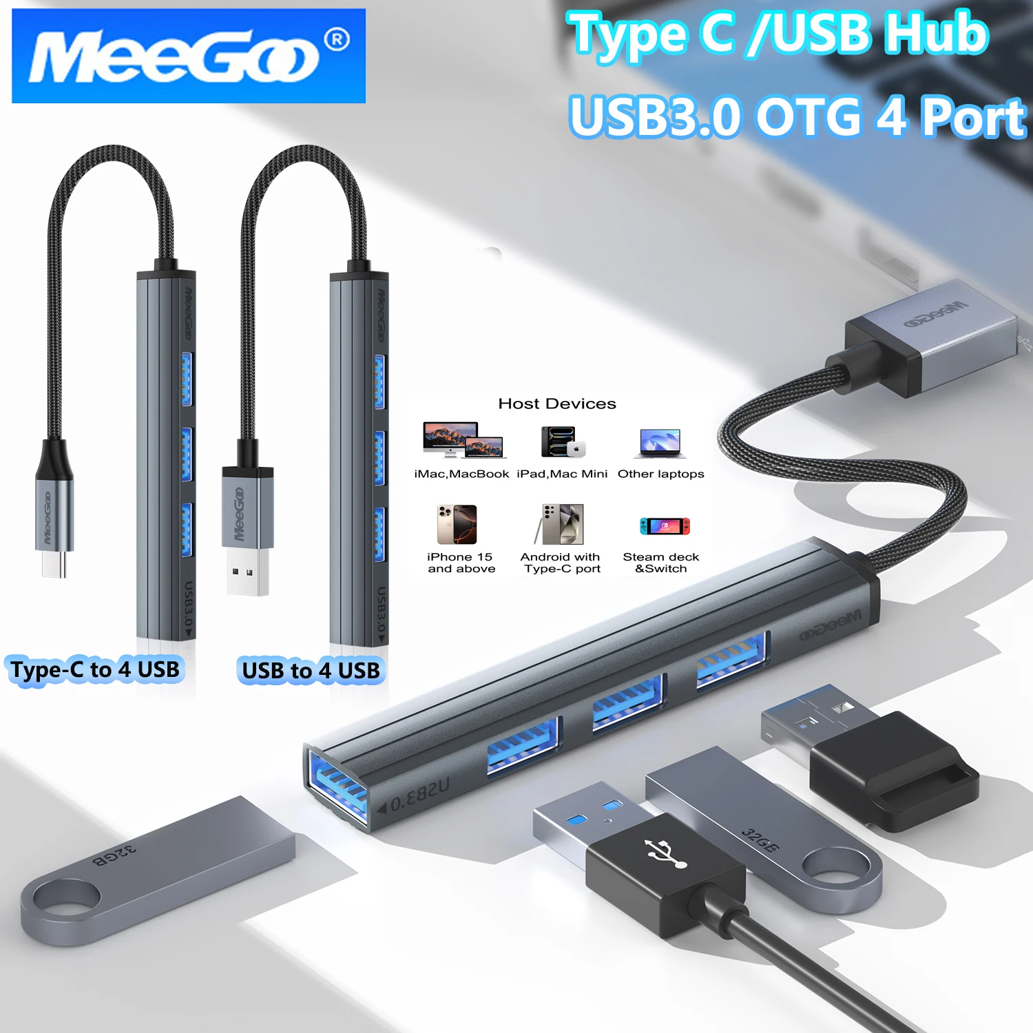 Hub USB C, Hub USB 3.0, Estación de Conexión, Cable Largo OTG, Hub Tipo C de 4 Puertos, Adaptador Multi Splitter, Accesorios para Laptop, para Xiaomi, NUEVO