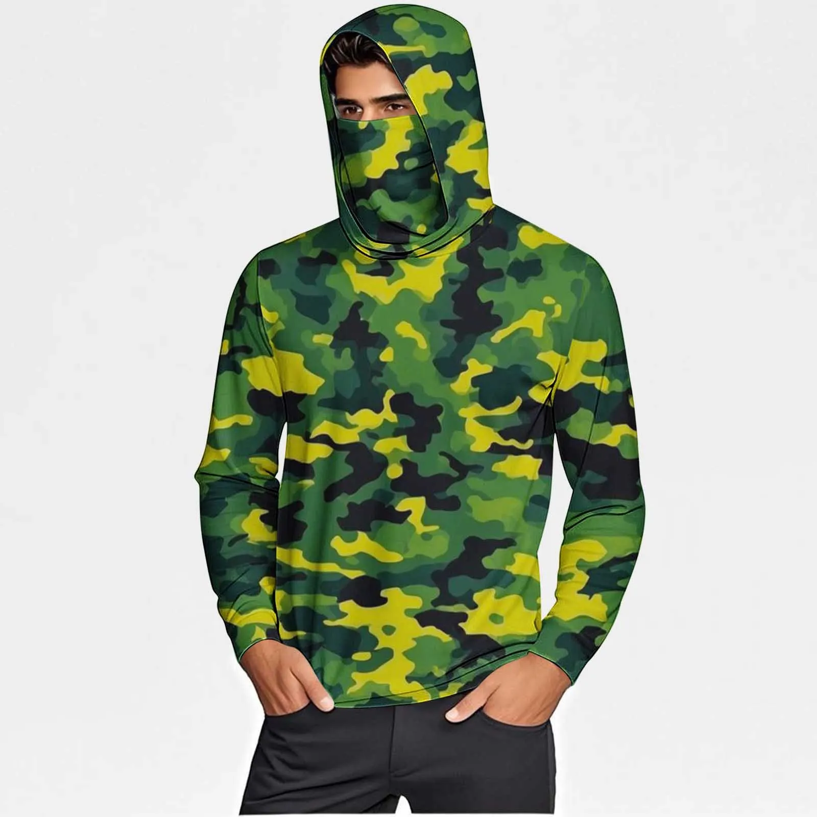 Men's Summer Sun Protection Jacket, Ice Silk Hooded Camouflage Top, Breathable Outdoor Sun Protection Quick Drying Hooded