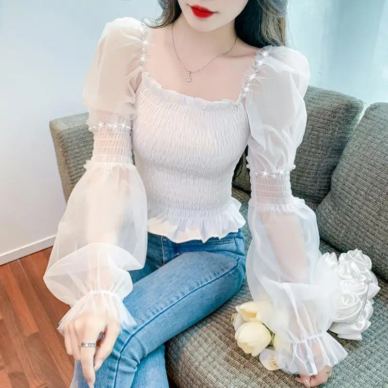 Heavy Industry Dingzhu Chiffon Shirt Women's New Style Western Style Super Fairy Square Neck Small Shirt Unique Short Top