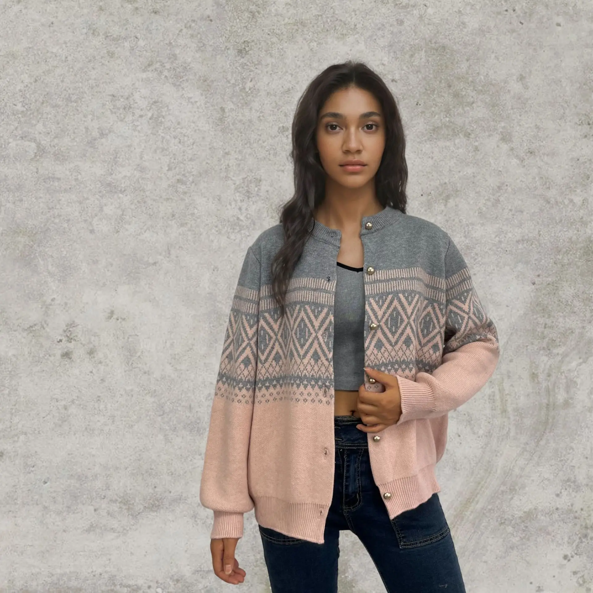 

2025 Women's Autumn Winter New Embroidered Jacquard Knitted Cardigan Round Neck Loose Single-Breasted Sweater Coat for Women