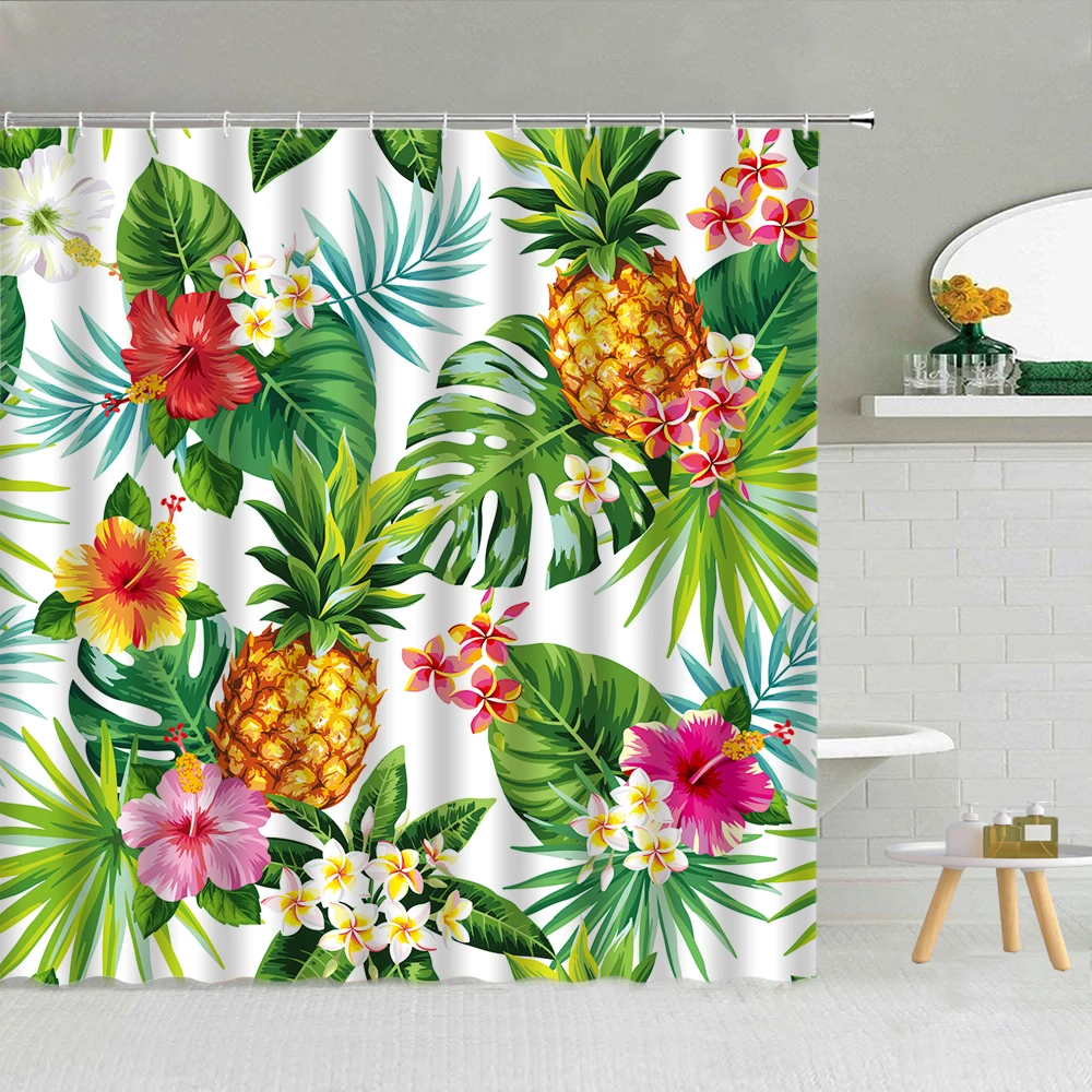 

Hand-painted Flowers Tropical Green Plant Leaf Shower Curtains Waterproof Polyester Bathroom Curtains with Hooks Home Decoration