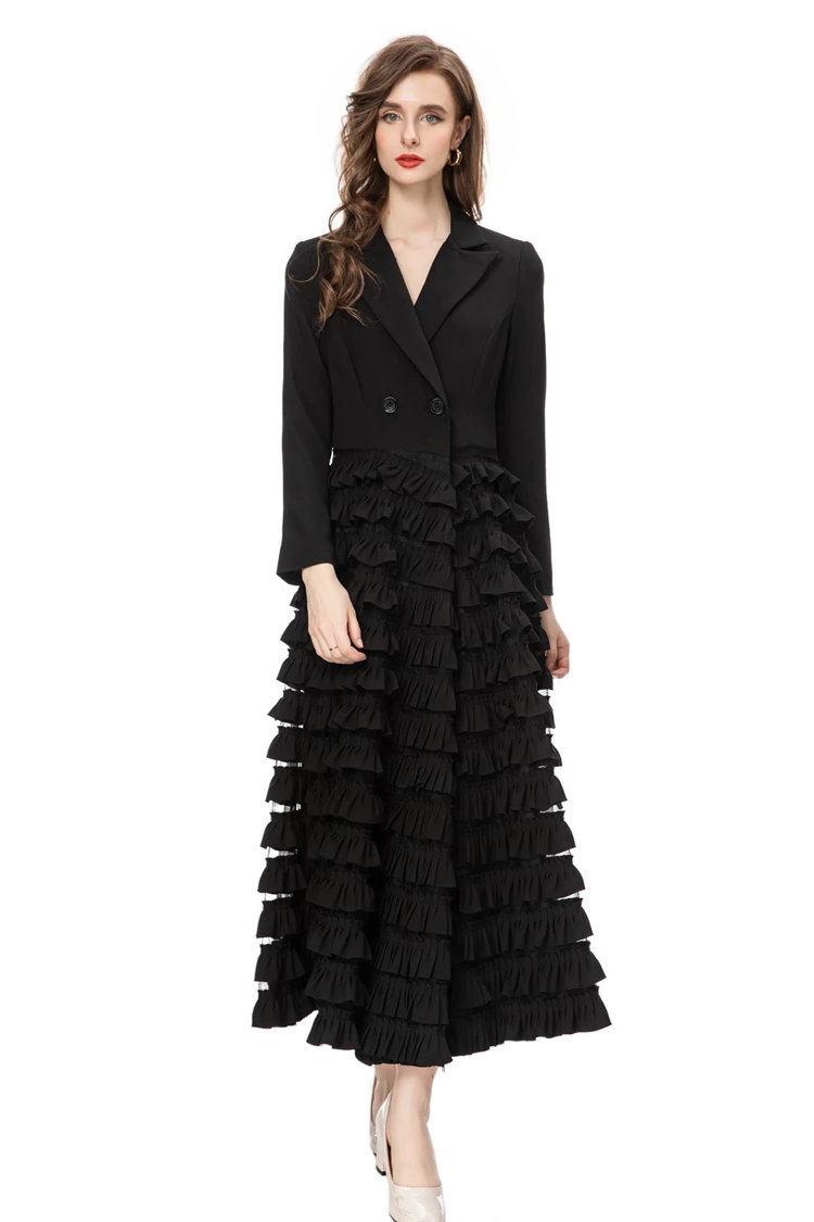 Vestido de passarela feminino com gola entalhada, mangas compridas, babados em camadas, patchwork, festa elegante, vestidos de baile