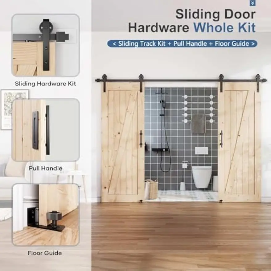 10FT Double Sliding Barn Door Hardware Track Kit Handle Big Industrial Spoke Wheel Wall Mount Smooth Quiet Easy Install Black 10
