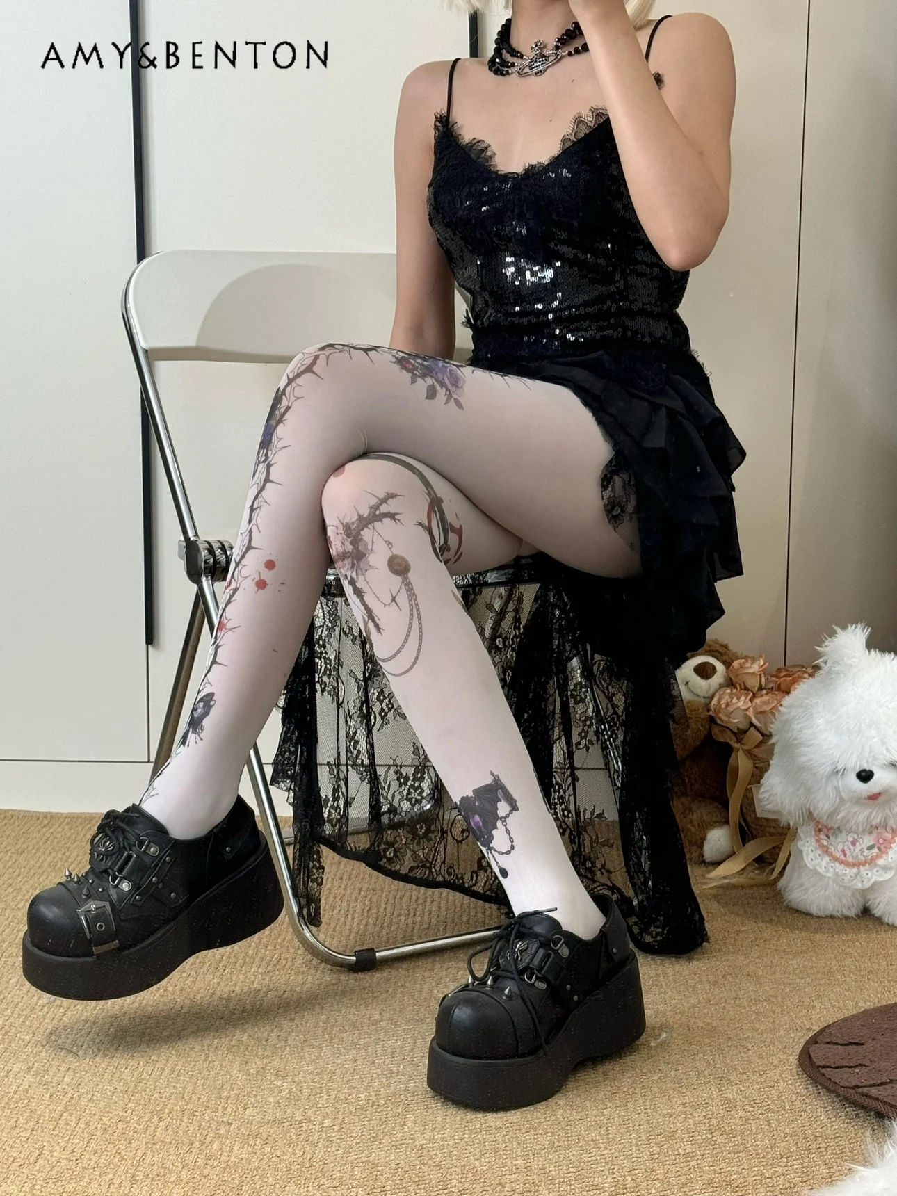 Dark Girl Purple Flower Print Street Gothic Pantyhose Japanese Animation Print Stockings Subculture Lolita Thigh High Stockings