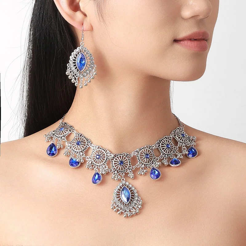2pcs Vintage Indian Ethnic  Style Jewelry Set For Women Crystal  Inlaid Jewelry Sets  Water Drop Pendant Necklace Earring Set view 2