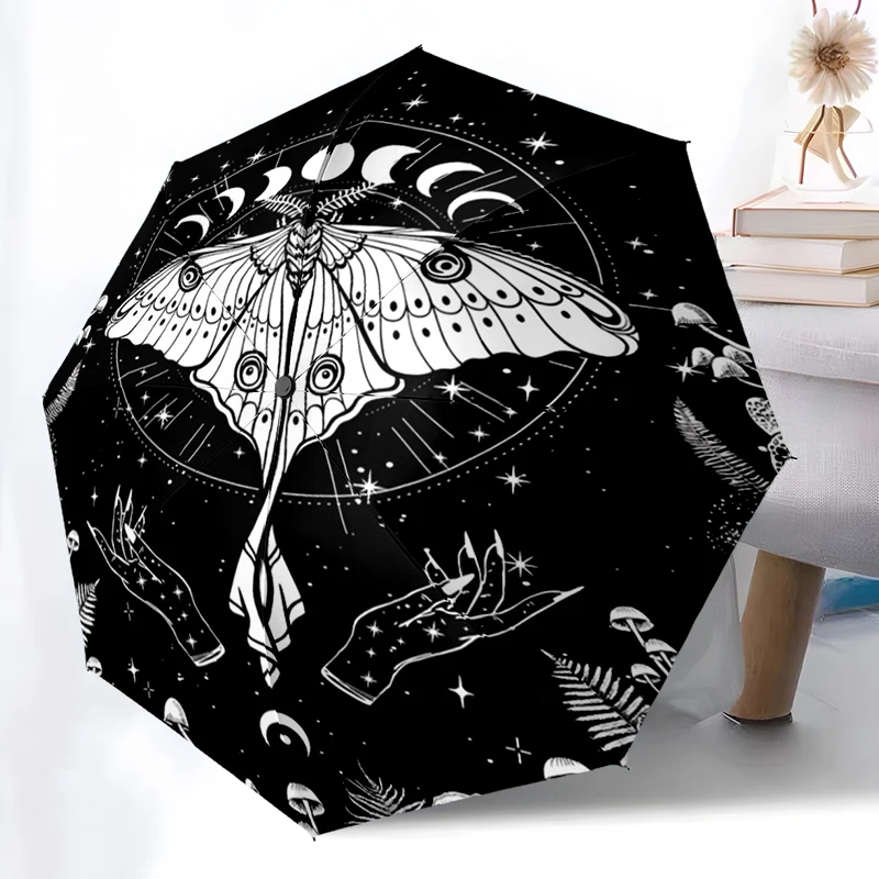 Witch Gothic Death Moth Folding Umbrella Auto-Open Design 8 Iron Ribs Plastic Handle Foldable Sunshade Perfect Christmas Gifts