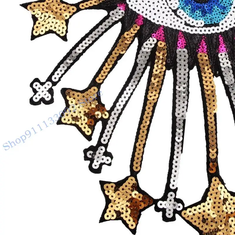 

H9ED Cartoon Colorful Big Stars Eye Sew/Iron On Appliques Glitter Sequins Embroidery Patches for Clothing Art DIY Badge Decor
