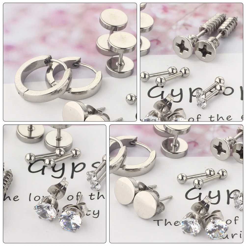 

14Pcs Stainless Steel Male Earrings Creative Shape Lightweight Street Style Ear Piercing Jewelry Party Fashion Ear Studs