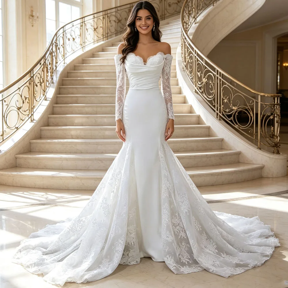 Sweetheart Long Sleeves Lace Up Back Wedding Dress Embroidery Customized Vestidos De Novia Princesa