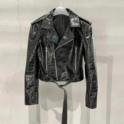 Genuine Leather Motorcycle Jackets For Women 2024 New Fashion Streetwear Short Zipper Women Belt Slim Real Sheepskin Jackets