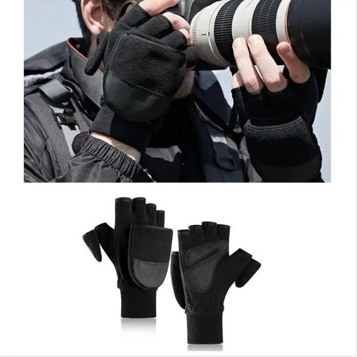 Winter Flip Cover Black Fishing Gloves Half Finger Anti-Slip Breathable Camera Photography Sports Outdoor Warm Gloves