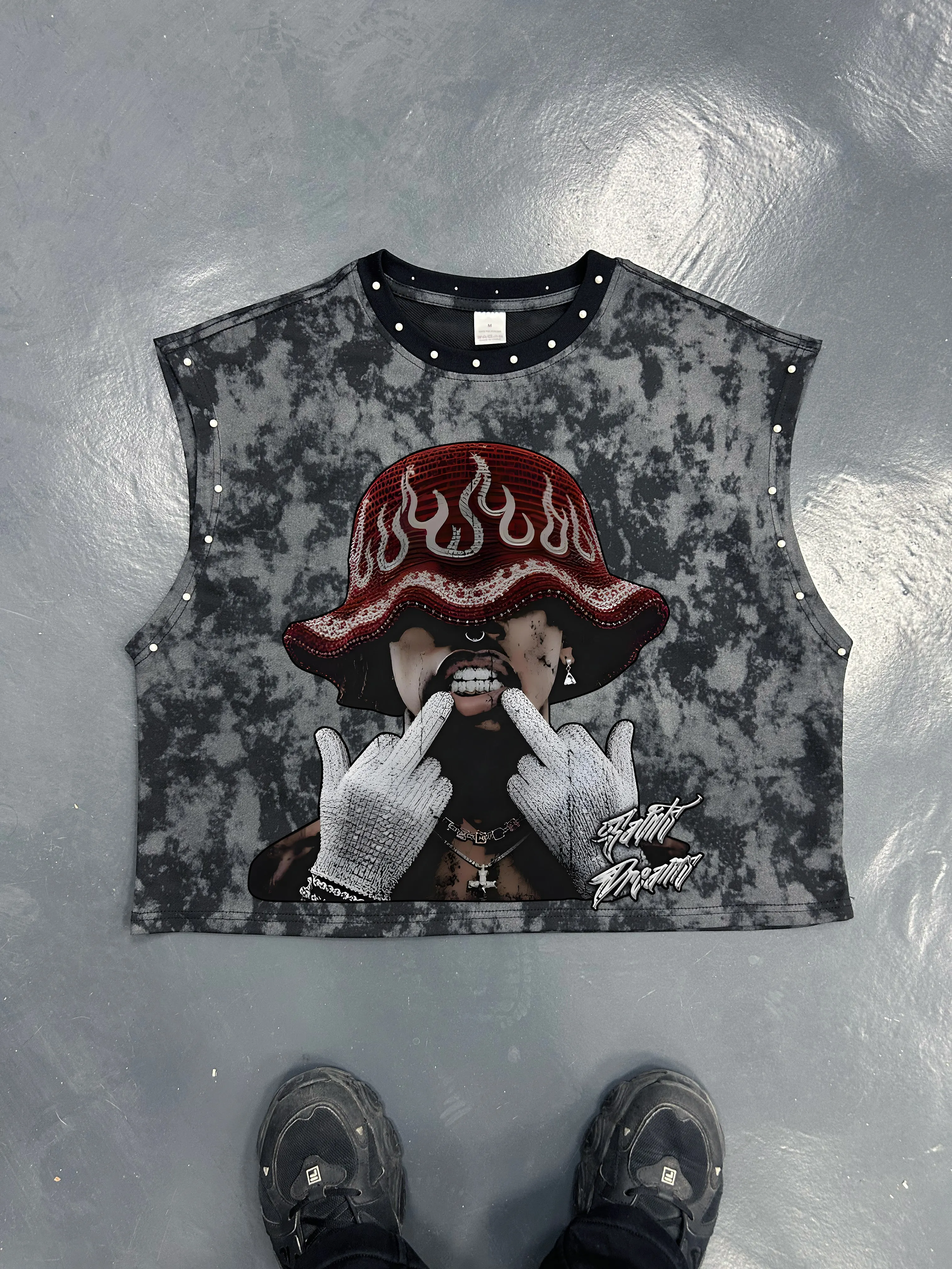 Tie Dye Sleeveless Tank Top, Hip Hop Figure Flame Bucket Hat Print Imitation Pearl Trim Street Vest  men clothing men tank top