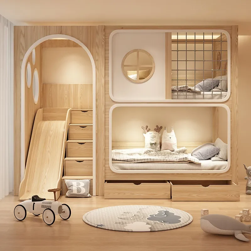 Solid Wood Bunk Bed with Wax Oil Finish Two Tier High Low Bed for Kids Boys and Girls Tree House Style Parent Child Sleeping