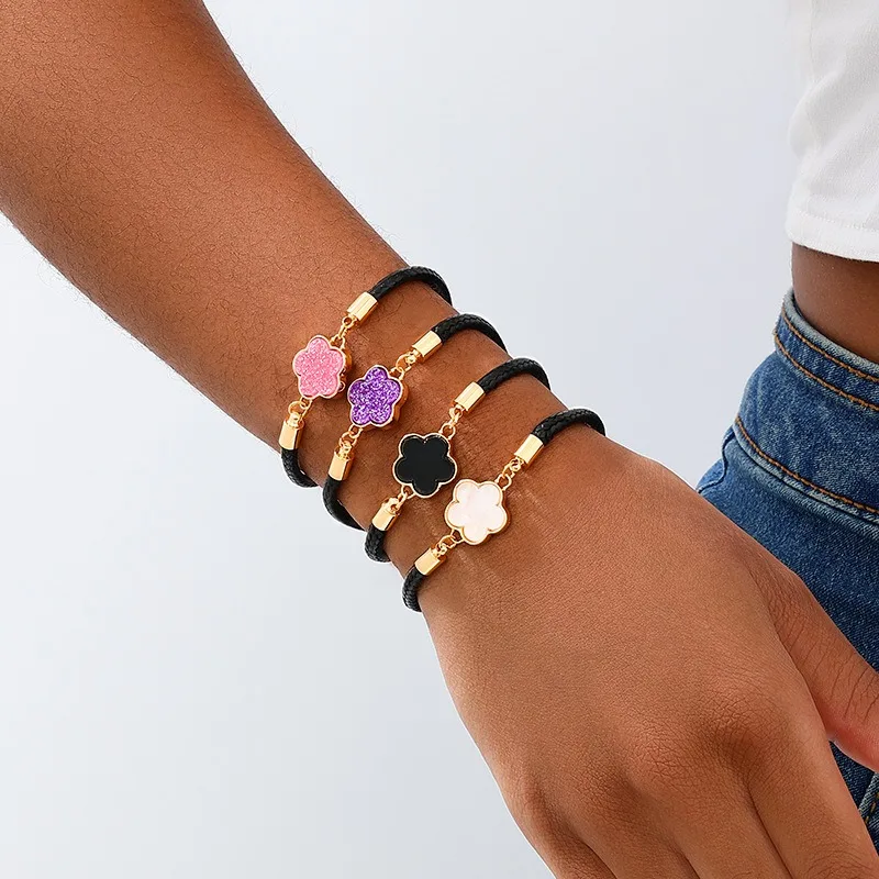 Classic Colorful Five-Leaf Grass Bracelet For Women Adjustable Genuine Braided Leather Hand Chain Party Jewelry Chiristmas Gifts