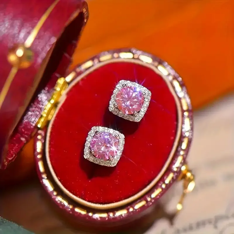 طلاء الفضة عيار 925. 1 قيراط مويسانيتي وردي * 2، أقراط عصرية للرجال والنساء