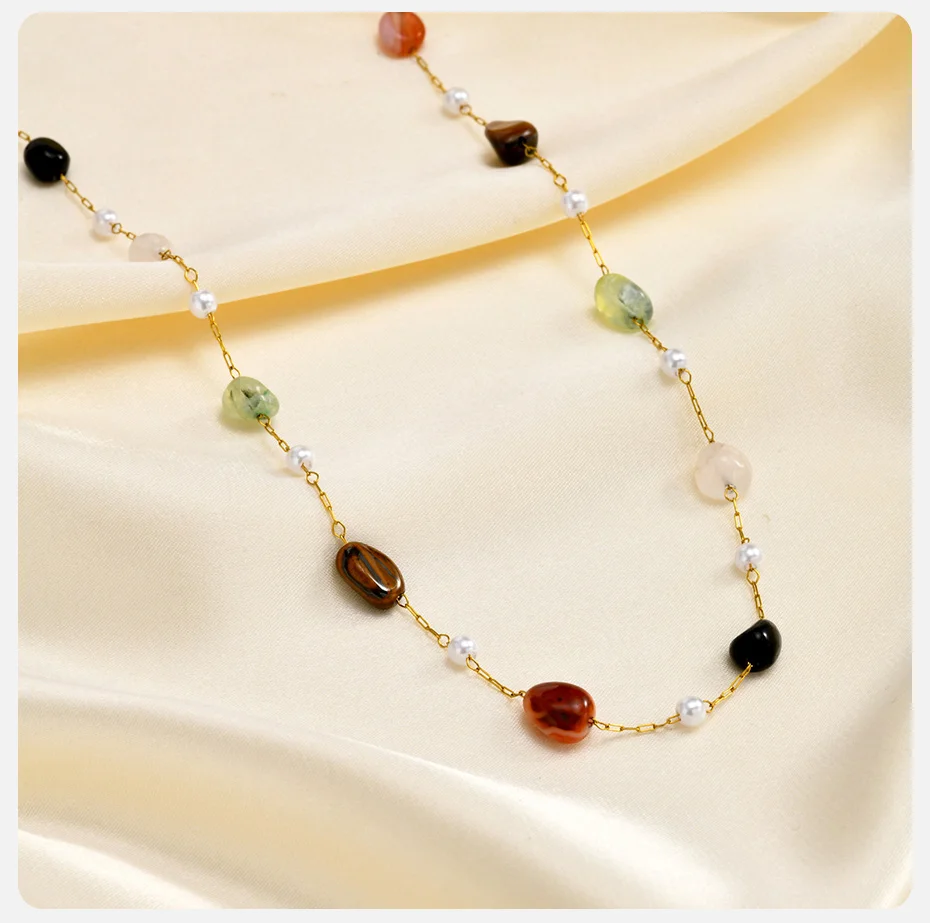 Vnox Minimalistische Halskette mit Imitationsperlen und Natursteinen, Sommerlicher Neuer Stil, Unregelmäßiges Design, Schlüsselbeinkette, Feiner Schmuck – Detail 5