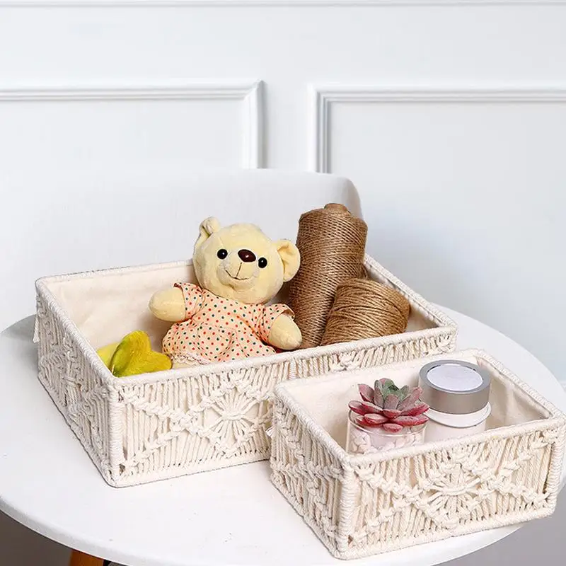 Woven Storage Baskets Wicker Macrame Baskets Fruit Tea Snack Bread Basket Rectangular Storage Box Kitchen Storage Accessories