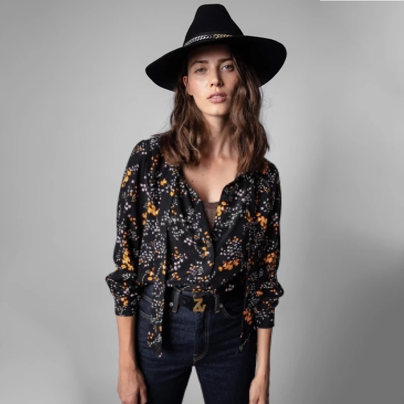 Zadig Woman Blouses Fashion Floral Summer V-Neck Shirts Tops Female Youthful Viscose Elegant Long Sleeve Spring Blouses Top