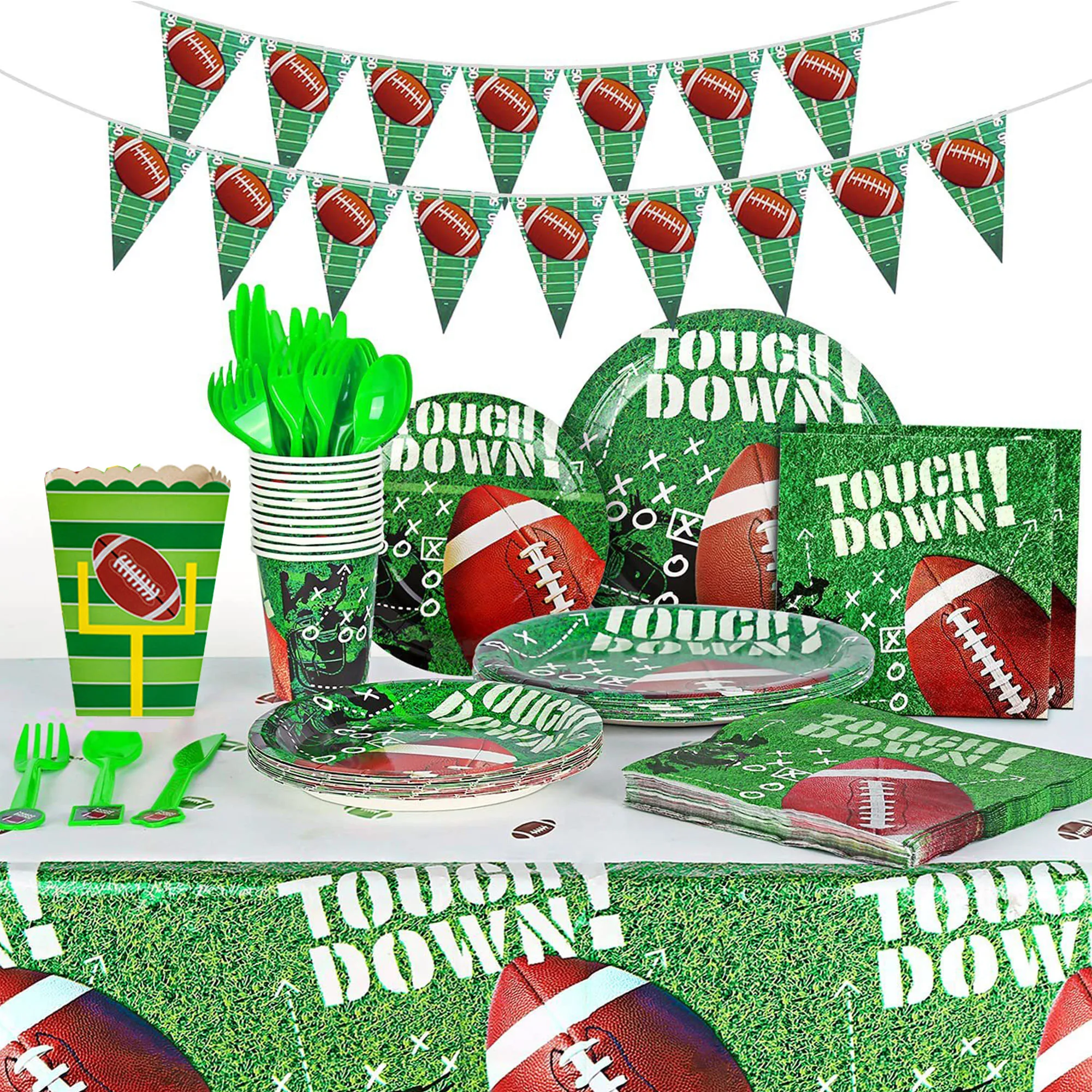 Football Party Supplies Super Bowl Decorations Kit Serves 16 include Dinner Plate Cup Napkin Flatware Football Tablecloth Pennan