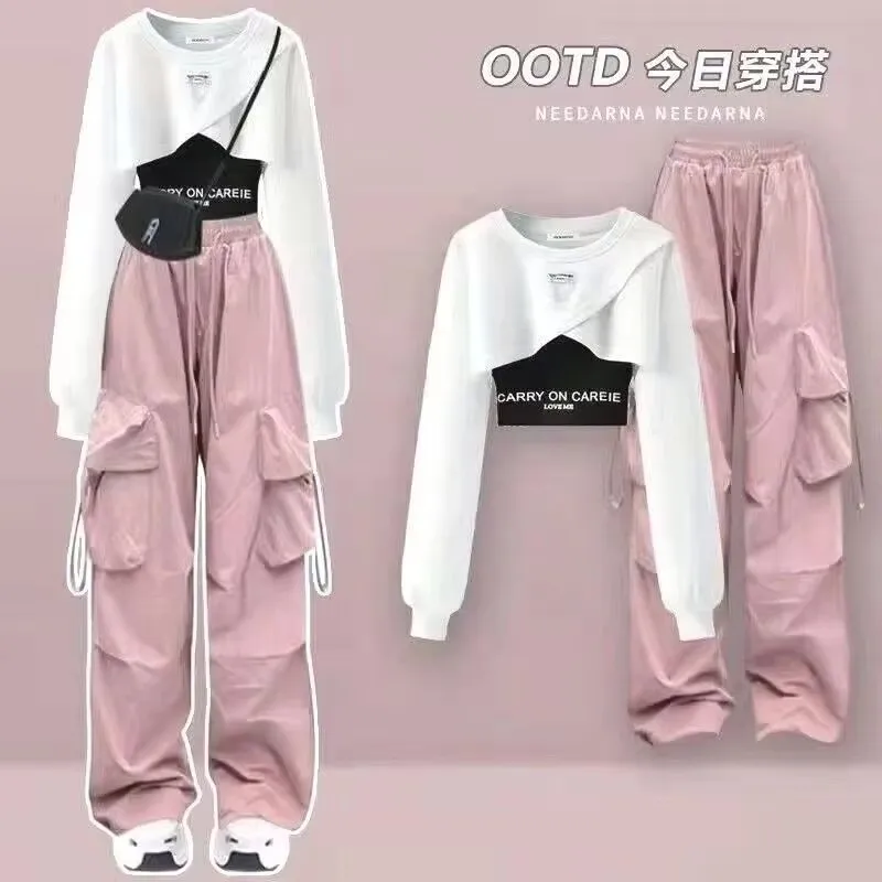 Girl Spring Autumn New Casual Tracksuit Matching Set Korean Loose Short Long Sleeve Hoodie+Letter Strap+Cargo Pants 3-Piece Suit