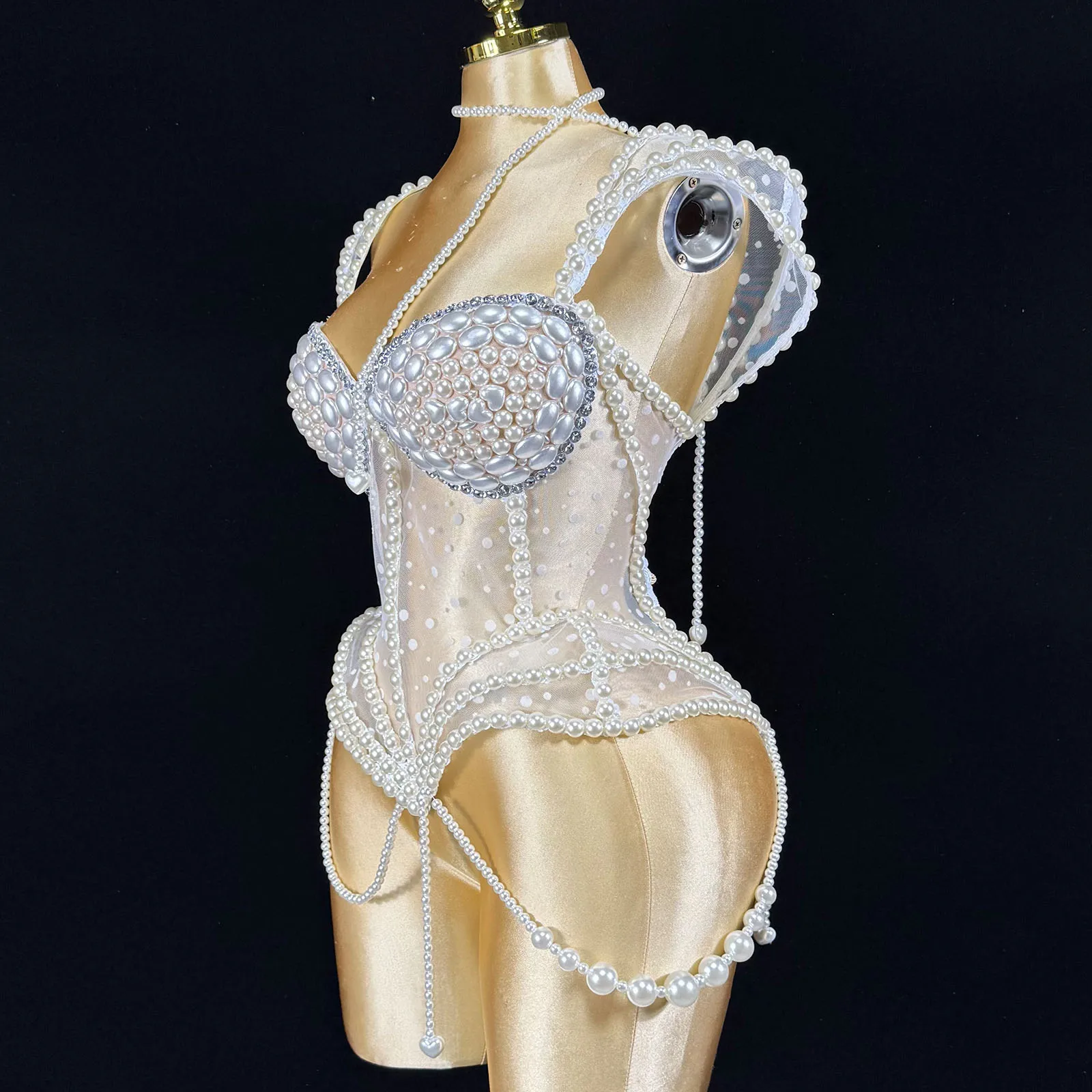 NEW GOGO White Pearl Show Girl Stage Sexy Women Nightclub Party Birthday Crop Tops Wear Singer Performance Drag Queen Costumes