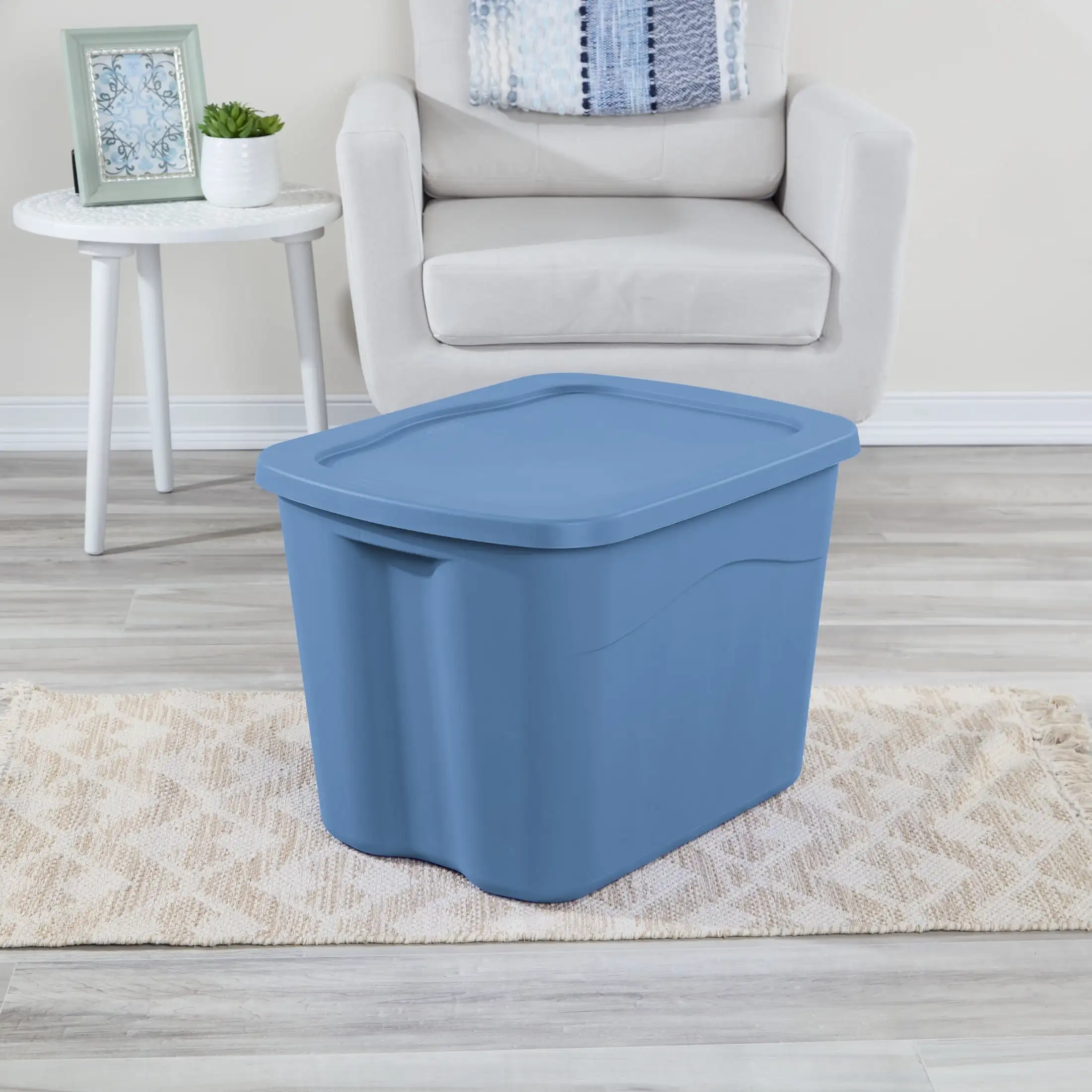 

Storage Bin, 18 Gallon Plastic Storage Container with Snap-on Lid, Light Blue, Pack of 8
