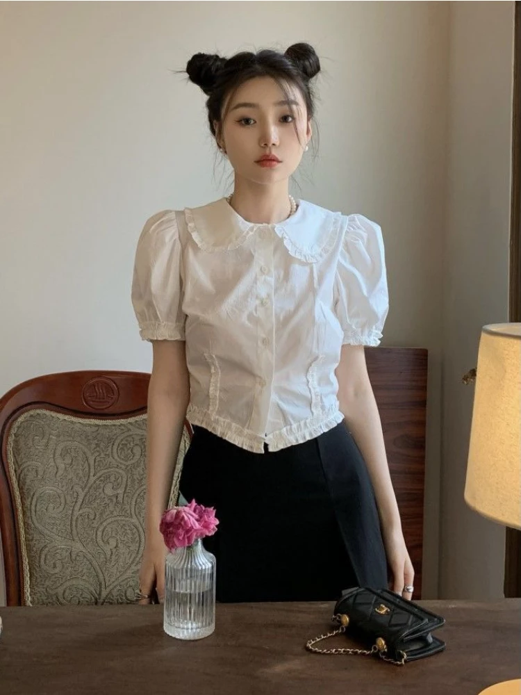 White Shirts Women Peter Pan Collar Kawaii Japanese Style Summer Crop Tops Elegant Chemise Femme Irregular Casual Short Sleeve