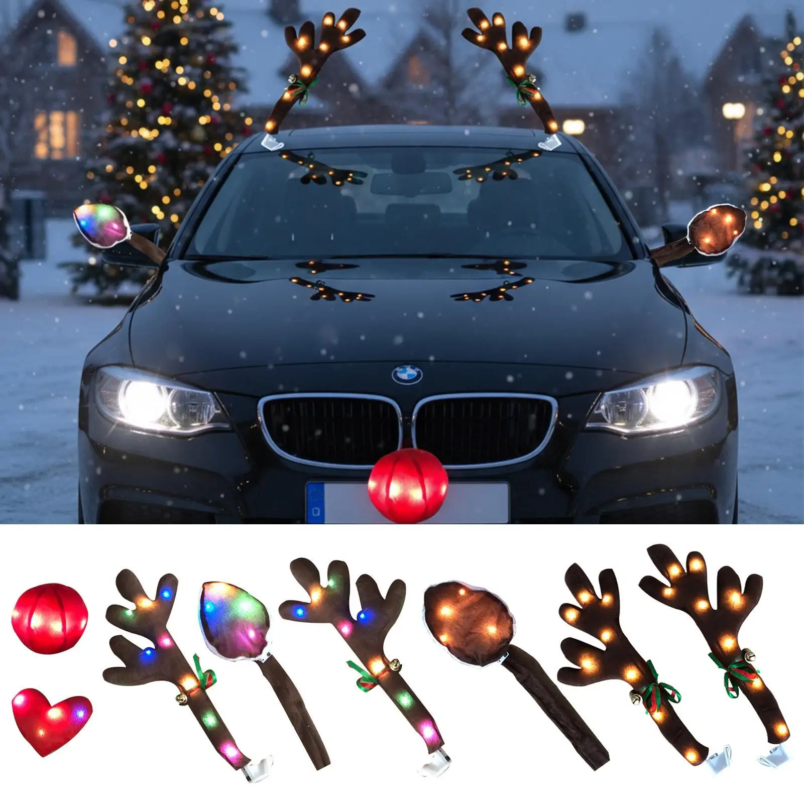 

Car Reindeer Antler Kit Holiday Decoration with LED Lights Reindeer Christmas Decoration for Holiday Van Party Seasonal