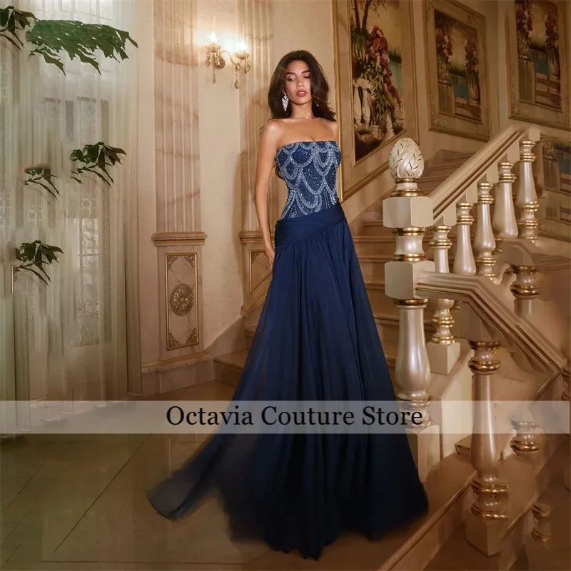 Navy Blue Prom Dresses Strapless Sleeveless Gala Dresses A Line Saudi Arabic Beaded Bodice Evening Party Gown Customized