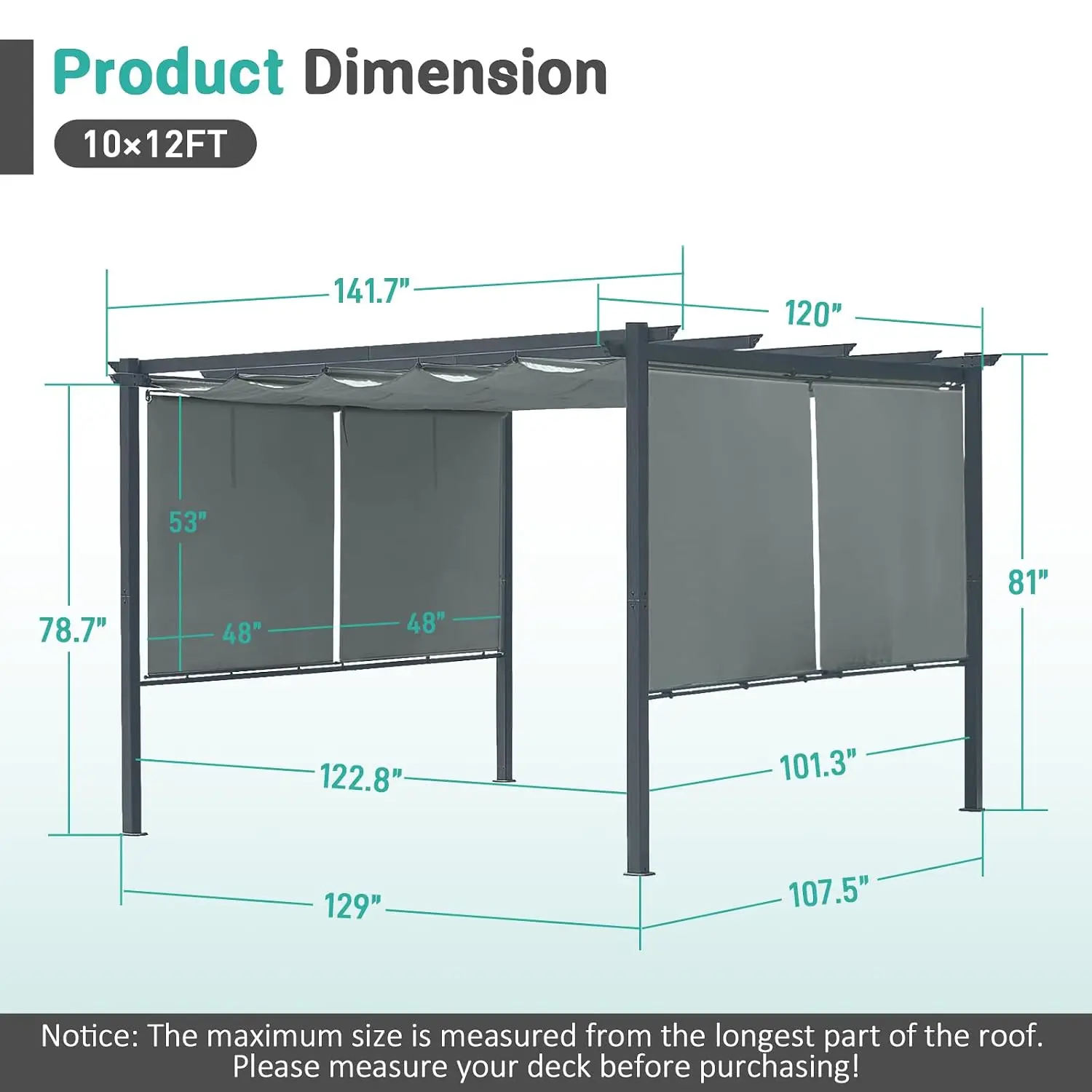 10 x 12 Ft Outdoor Aluminum Pergola, Retractable Canopy & 2 Sides Shades for Patio Backyard Garden Deck, Customized