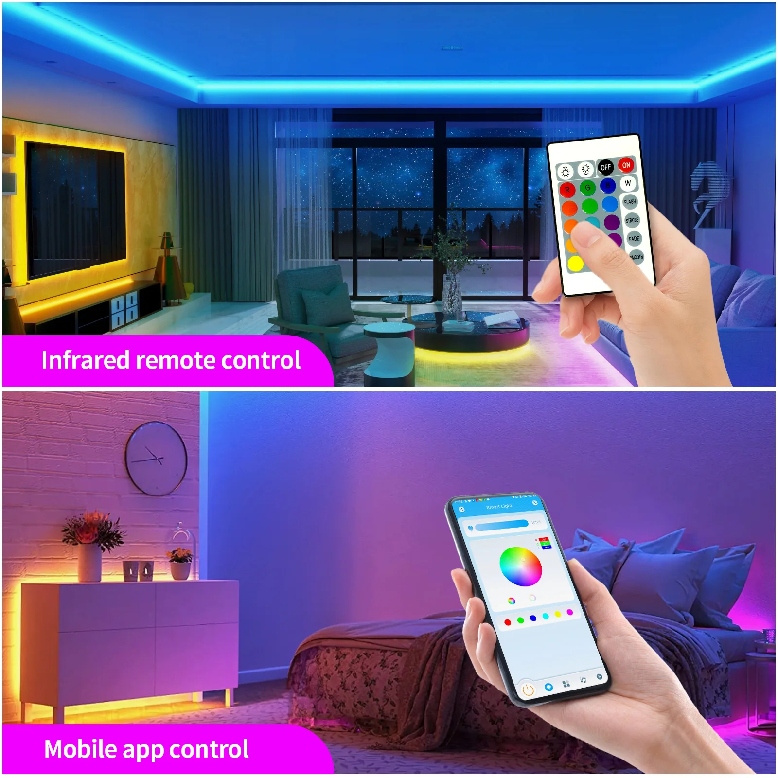 ไฟแถบ LED WIFI 100FT, ไฟ LED RGB ซิงโครไนซ์เพลง พร้อมรีโมทคอนโทรลและแอปพลิเคชัน
