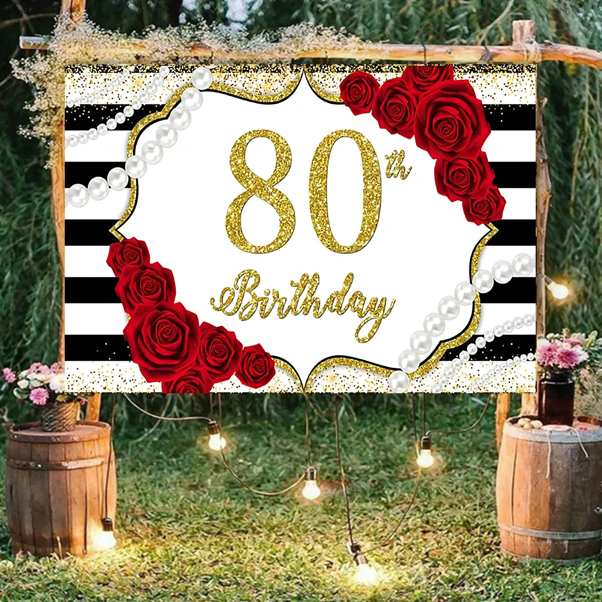 Fondo de feliz cumpleaños de 80 años, rosa roja, palabras doradas, estudio fotográfico, cinta de colores, decoración, pancarta, fotografía