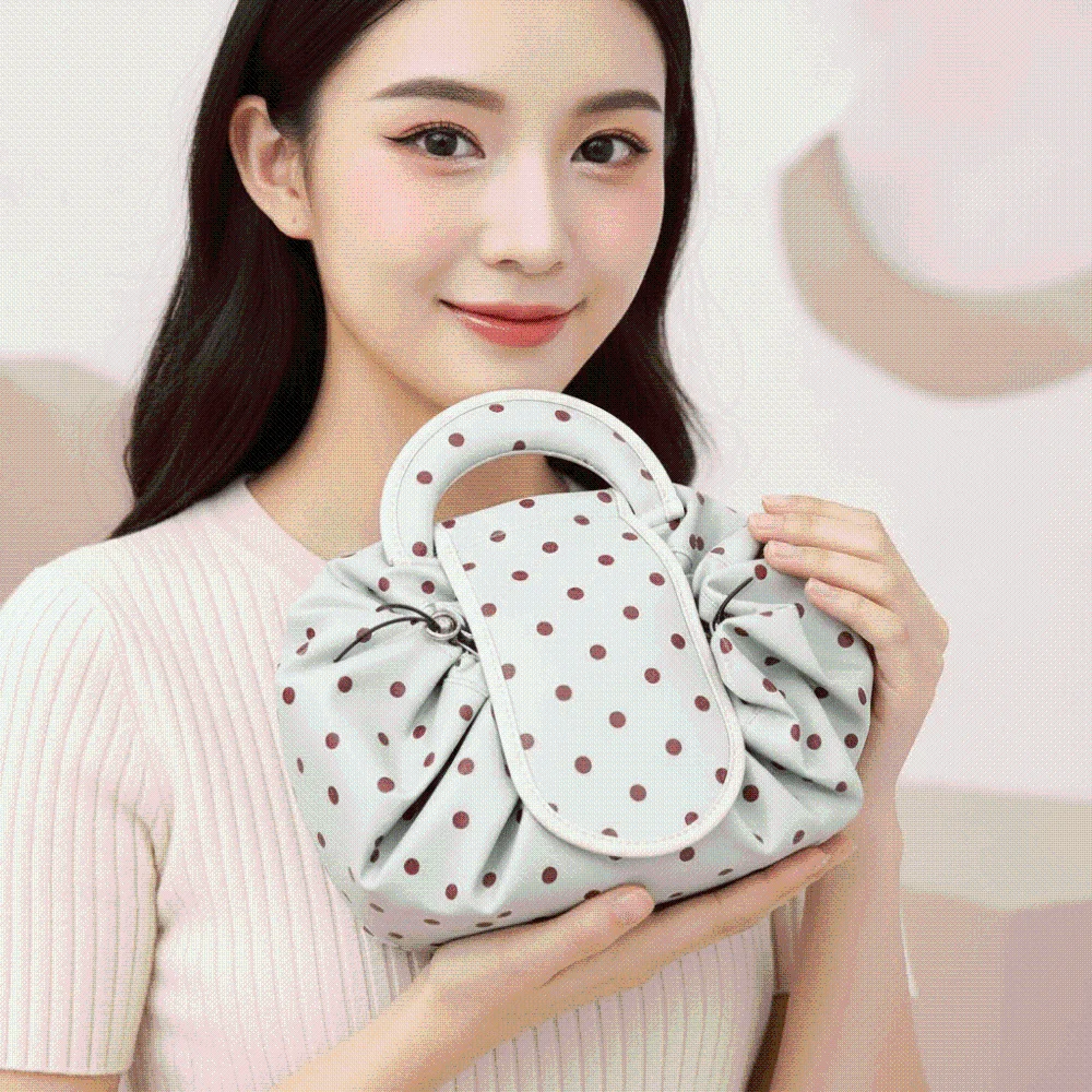 Waterproof Drawstring Makeup Pouch Foldable Washable Polka Dot Cosmetic Bag Spacious Soft Large Capacity Toiletries Gym