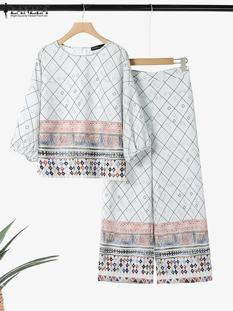 

2025 ZANZEA Women Casual Printed Matching Sets Summer Tracksuits Vintage 3/4 Sleeve Blouse Trousers Suit 2pcs Wide Leg Pant Sets