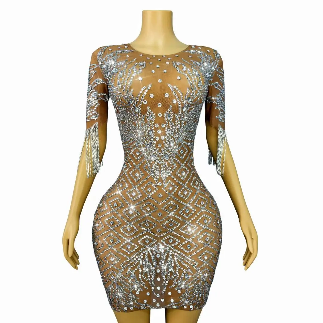 فستان سهرة نسائي أنيق من Shuicaosi فضي الماس ومنظور شبكي نصف كم فستان شرابة لأعياد الميلاد وحفلات الكوكتيل