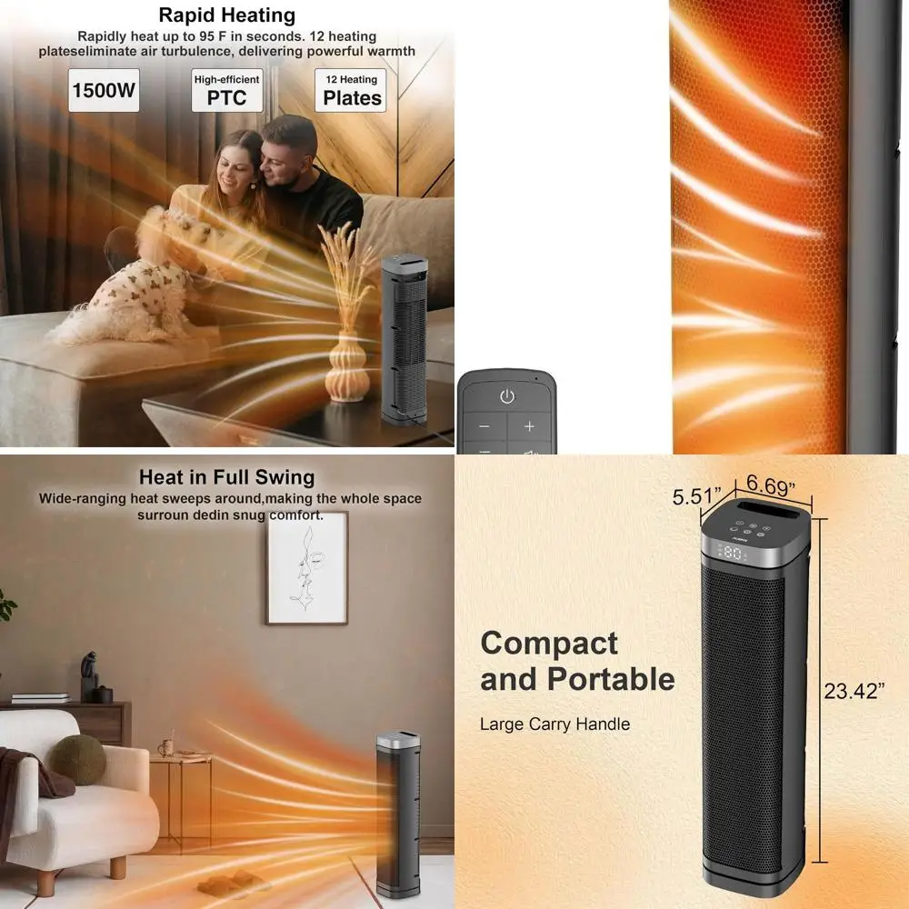 

Керамический обогреватель мощностью 1500 Вт с термостатом, дистанционным управлением, 3 режимами, 70 ° Осцилляция для дома и офиса