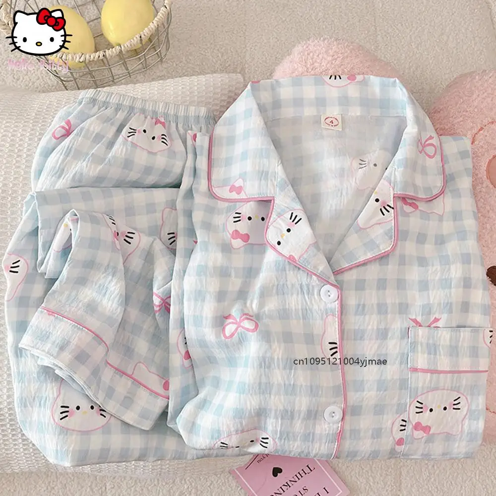 

Sanrio Hello Kitty Girls' Home Clothing Set Anime Cartoon Woman Lapel Long-Sleeve Pajamas Creative Kawaii Loose Fashion Homewear