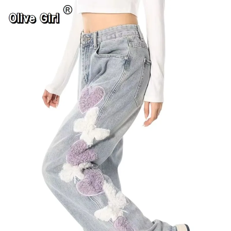 Olivegirl American Butterfly Embroidered Jeans Women's Trouser Autumn 2026 High Waist Loose Straight Wide Leg Floor Length Pants