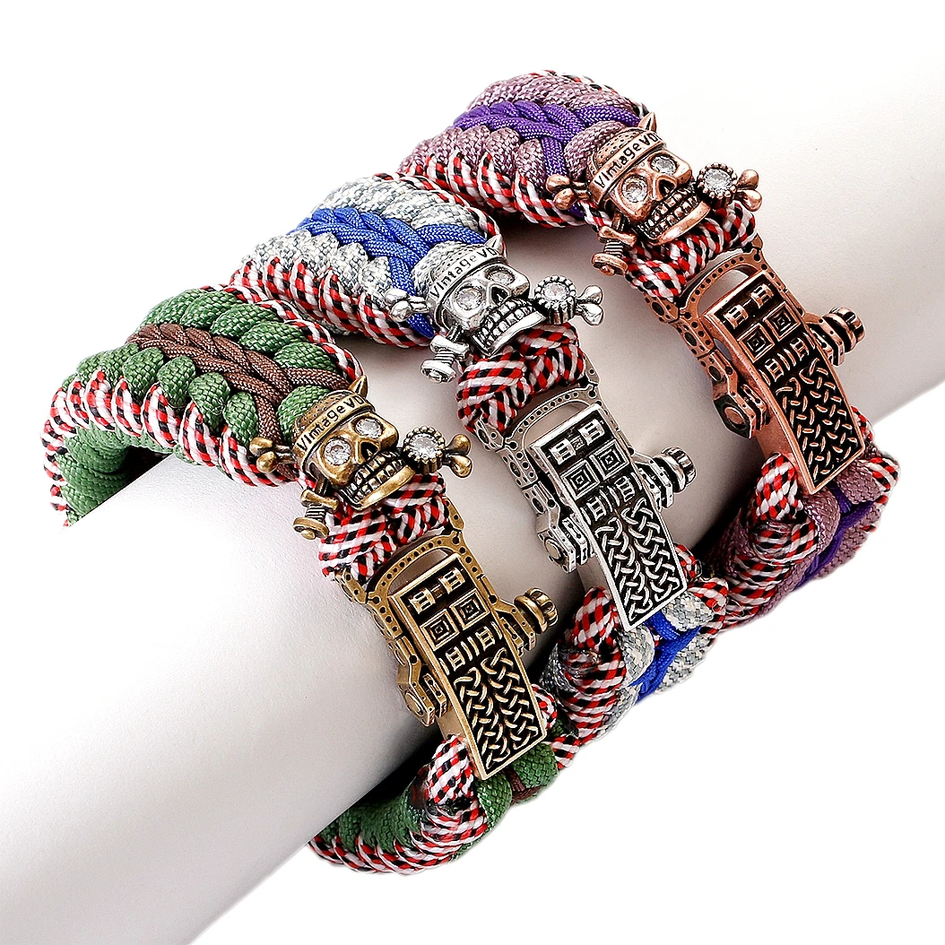 Charm Mens Bracelet Fashion Punk Skull Shape Braided Paracord Bracelet Hiking Camping Outdoor Survival