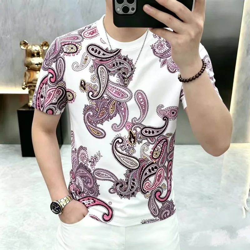 

Summer Retro Cashew Flower Short Sleeved T-shirt for Men Trendy Round Neck Casual T-shirts Breathable Comfortable Streetwear Top