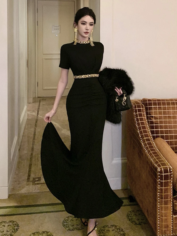 Frauen Kleidung Schwarz Gold Pailletten Oansatz Dünne Maxi Lange Abendkleid Elegante Dame Party Geburtstag Vestido Fiesta Robe Sommer Neue