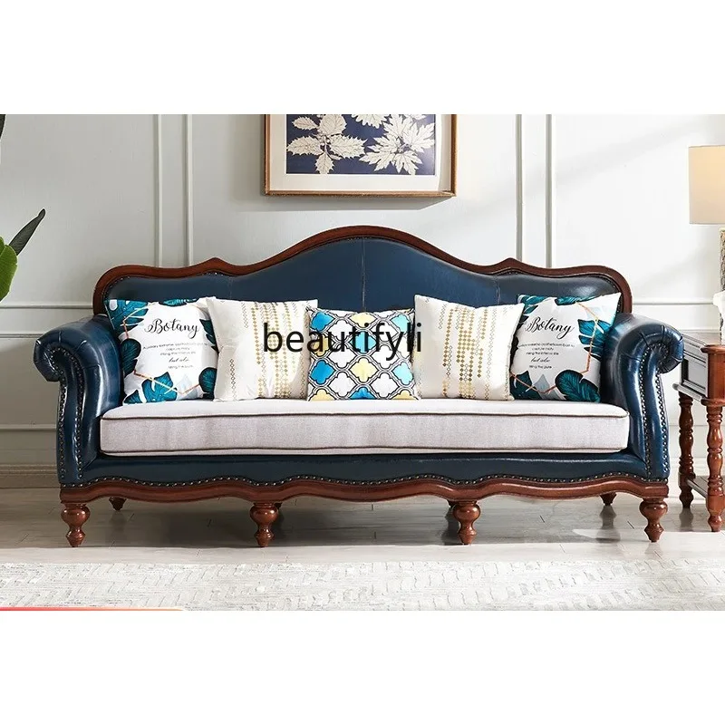 American rural solid wood leather sofa fabric cushion sofa living room light luxury sofa H