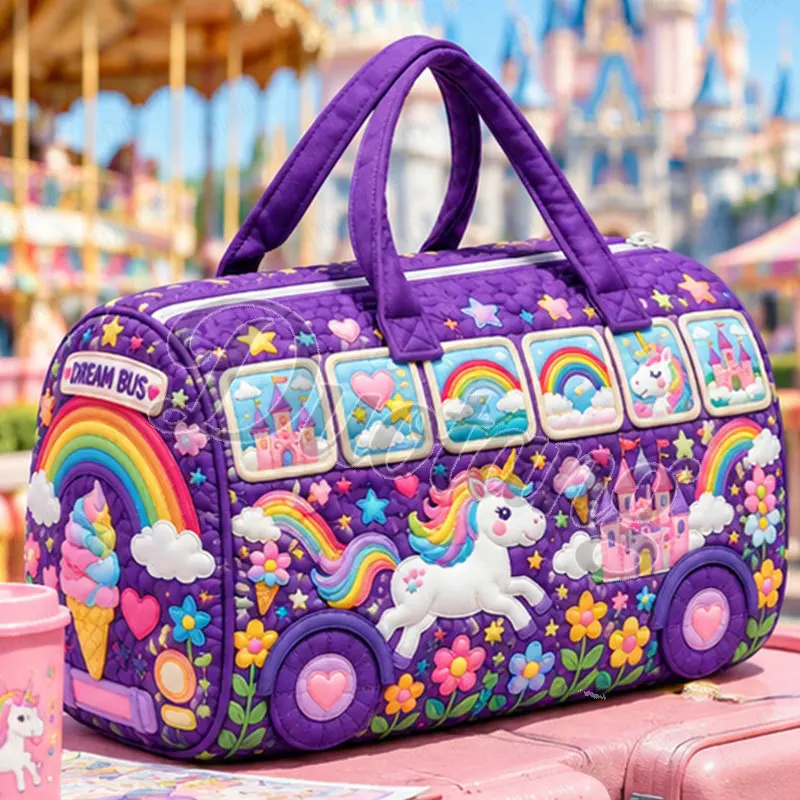 Retro Vintage Bus Shaped Handbag for Travel Cartoon Unicorn Rainbow Women Shoes Holder Large Capacity Shoulder Bag Duffle Tote