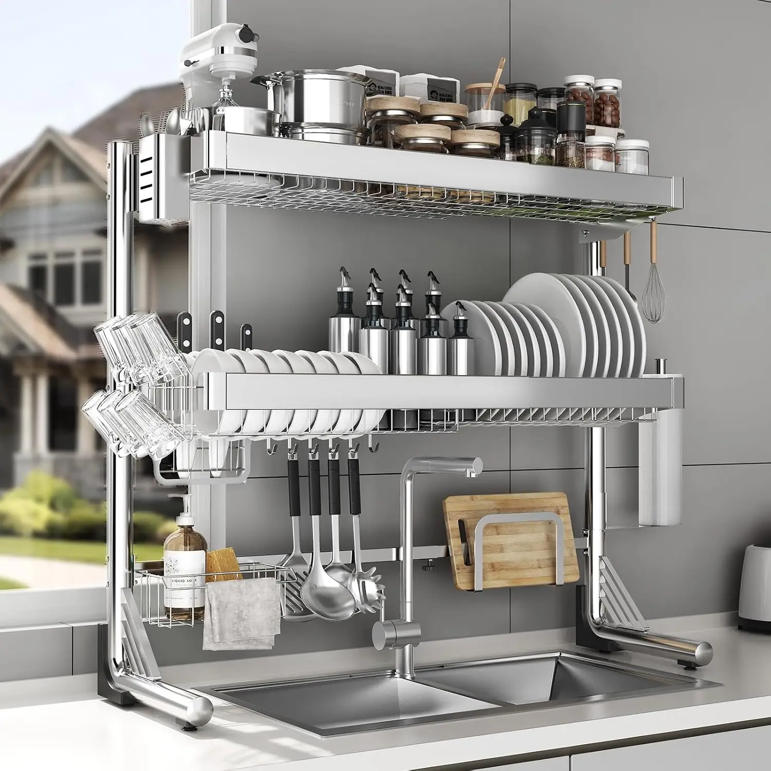 Over The Sink Dish Drainer Drying Rack 3 Tier, Full Stainless Steel Dish Drying Rack Adjustable Length 20.9''-37.4'', Kitchen Si