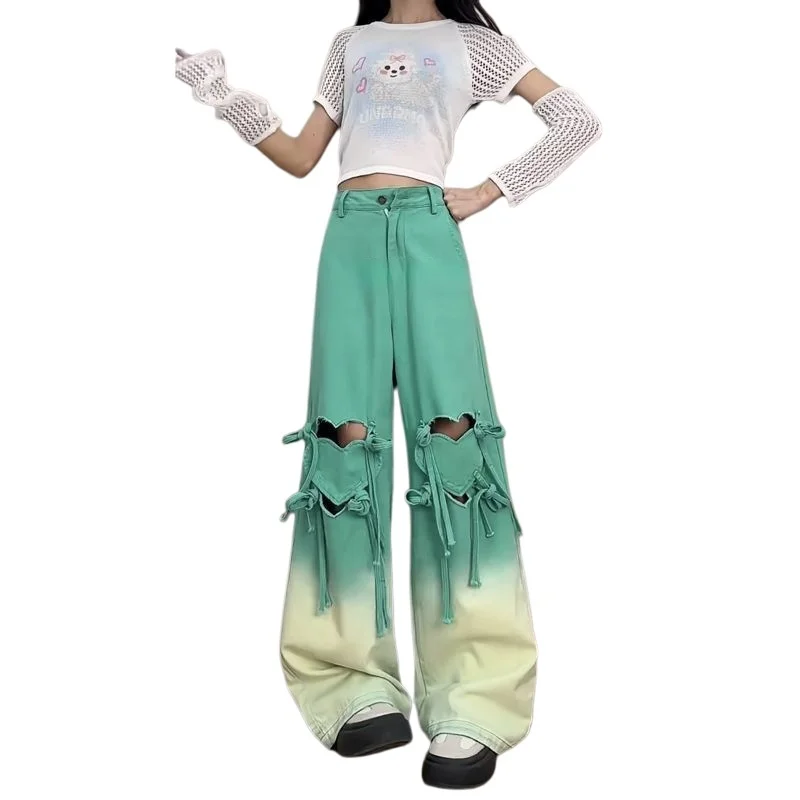 

2026 New Women Y2K Aesthetic Gradient Jeans Heart Shaped Hollow Out Bandage Design Baggy Wide Leg Denim Pants Casual Streetwear