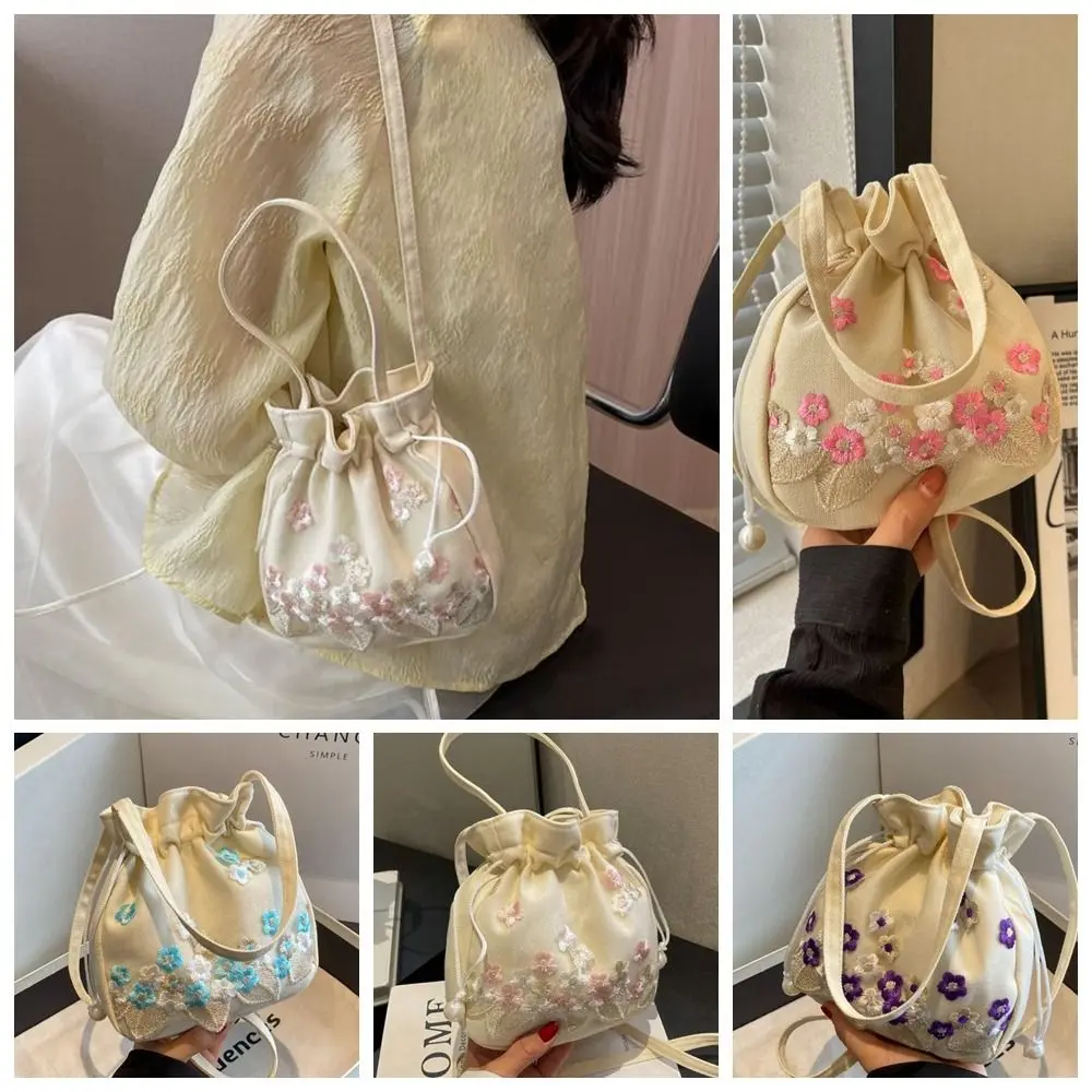 

Ethnic Style Hanfu Drawstring Bag Chinese Crossbody Bag Embroidery Flower Handbag Shoulder Bag Purse Floral Bucket Bag Shopping