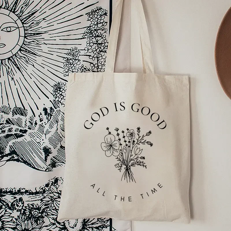 

Arc Wildflower Line Art God Is Good Quote Canvas Tote Bag Shopper Bag For Outdoor Travel Daily Errands Carry Handbag