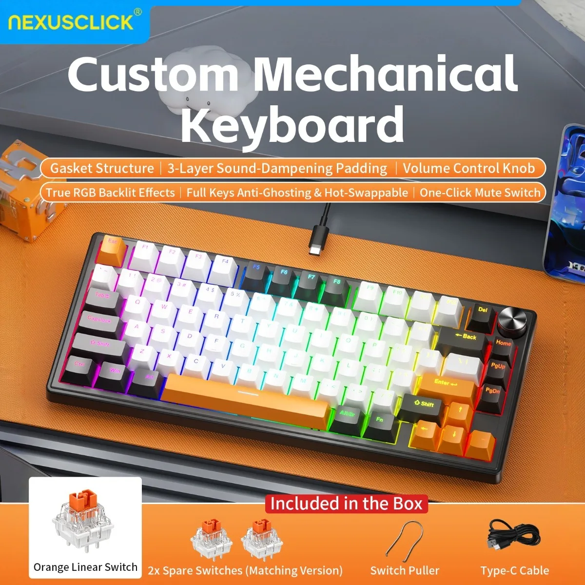 NEXUSCLICK K80 80% Compact Wired Mechanical Gaming Keyboard, Full Keys Hot-Swap Multiple Colorways RGB Backlight Volume Knob