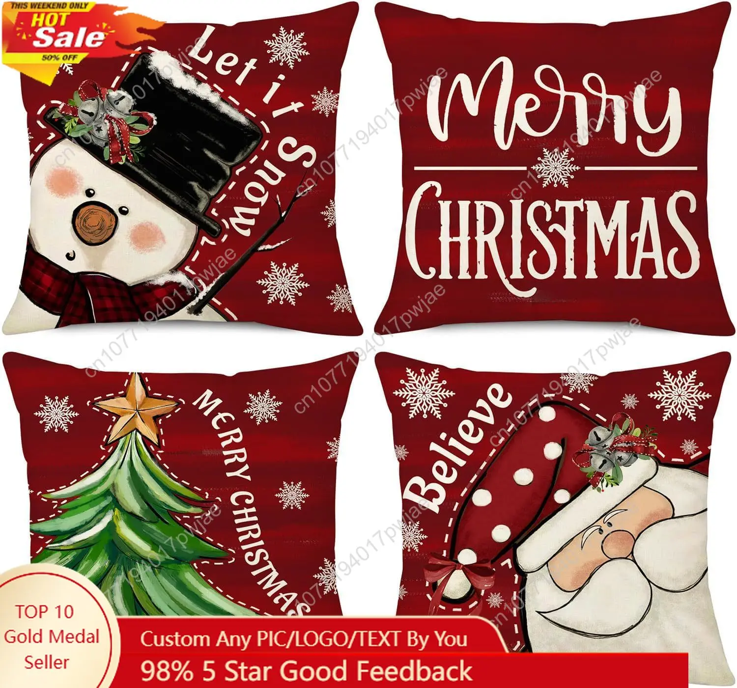 

NIGHTWISH Christmas Pillow Covers 18x18 Set of 4 Red Christmas Decorations Let It Snow Snowman Believe Santa Claus Throw Pillow