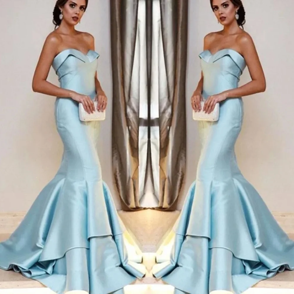 

Light Blue Elegant Mermaid Bridesmaid Dress Sexy Sweetheart Ruffle Satin Long Bridesmaid Dress Women's Prom Party Evening Dress